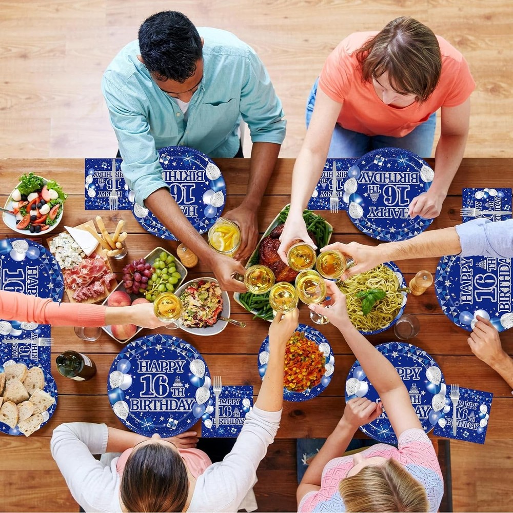 96-piece 16th birthday party tableware set, blue and silver theme