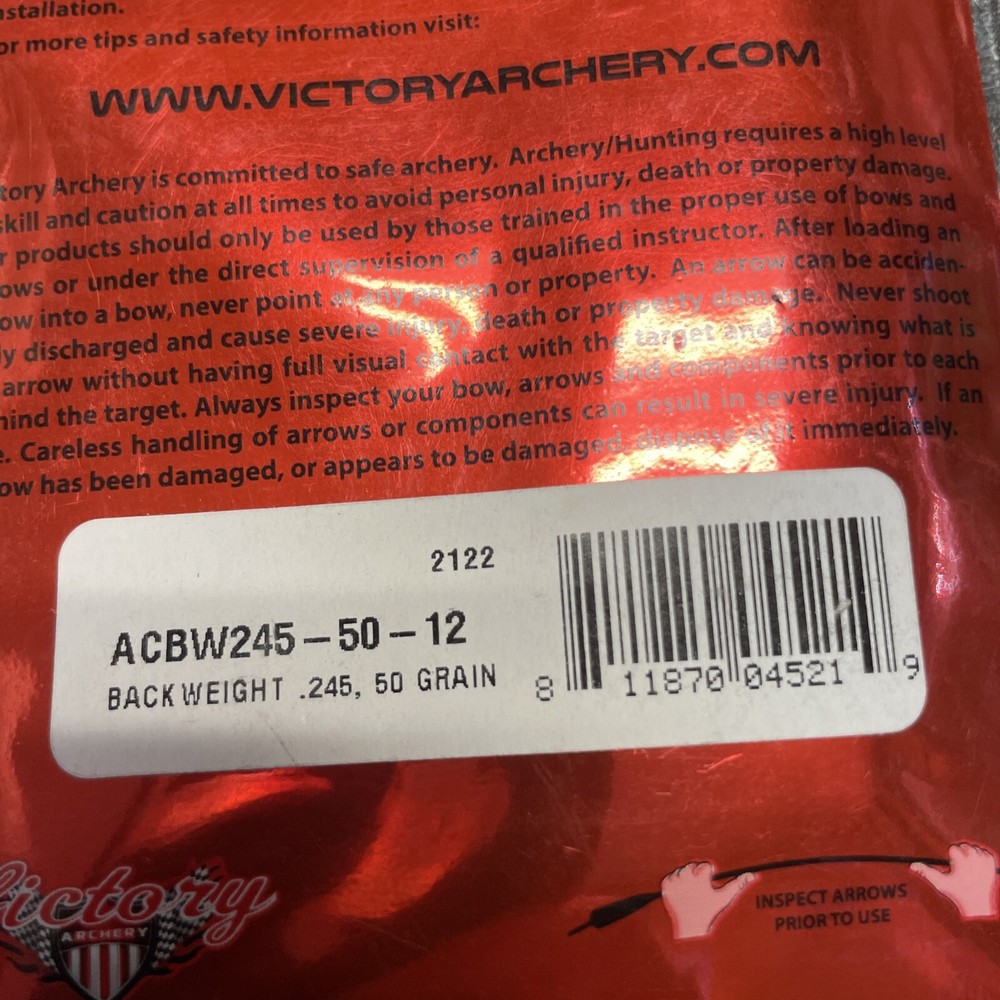 Victory Archery Elite Arrow Components Backweight .245 ID 50 Grain