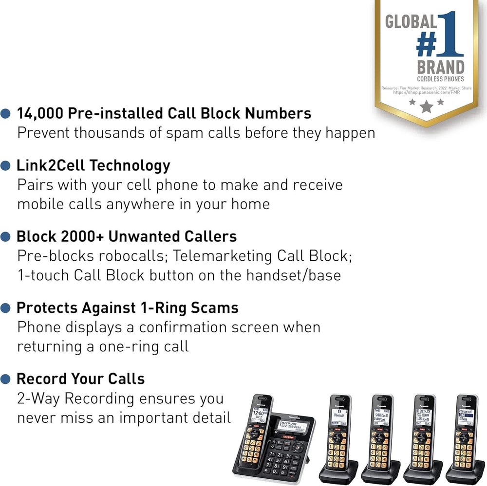 Panasonic Cordless Phone System Answering Machine 5 Handset Bluetooth Call Block