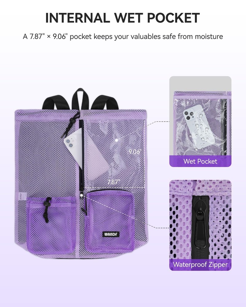 Swim Bag Mesh Drawstring Backpack Wet Pocket Beach Swimming Pool Gym Workout