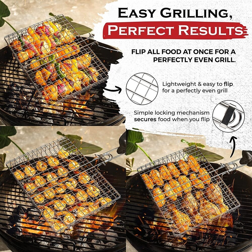 Grilling Kit -Spatula with Flashlight, Meat Thermometer, and Grilling Basket Kit