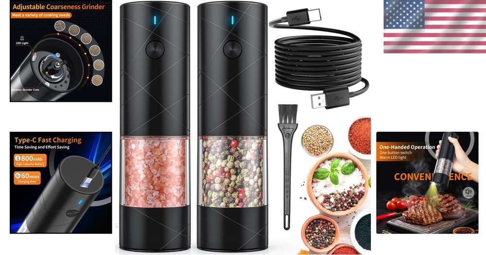 Elegant 2-Pack Electric Spice Grinders - USB Charged with Illuminating Features