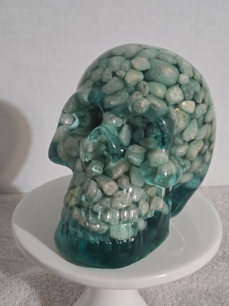 Turquoise Blue Resin Skull With Rocks