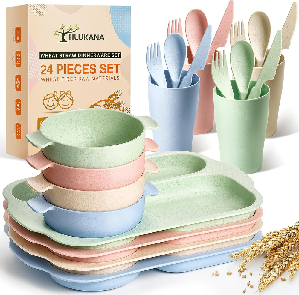 24 Pcs Wheat Straw Dinnerware Cutlery Set, Unbreakable Tableware Set, Including