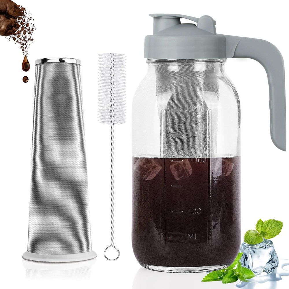 64oz Cold Brew Coffee Maker Pitcher Glass Mason Jar Pitcher with Handle Lid