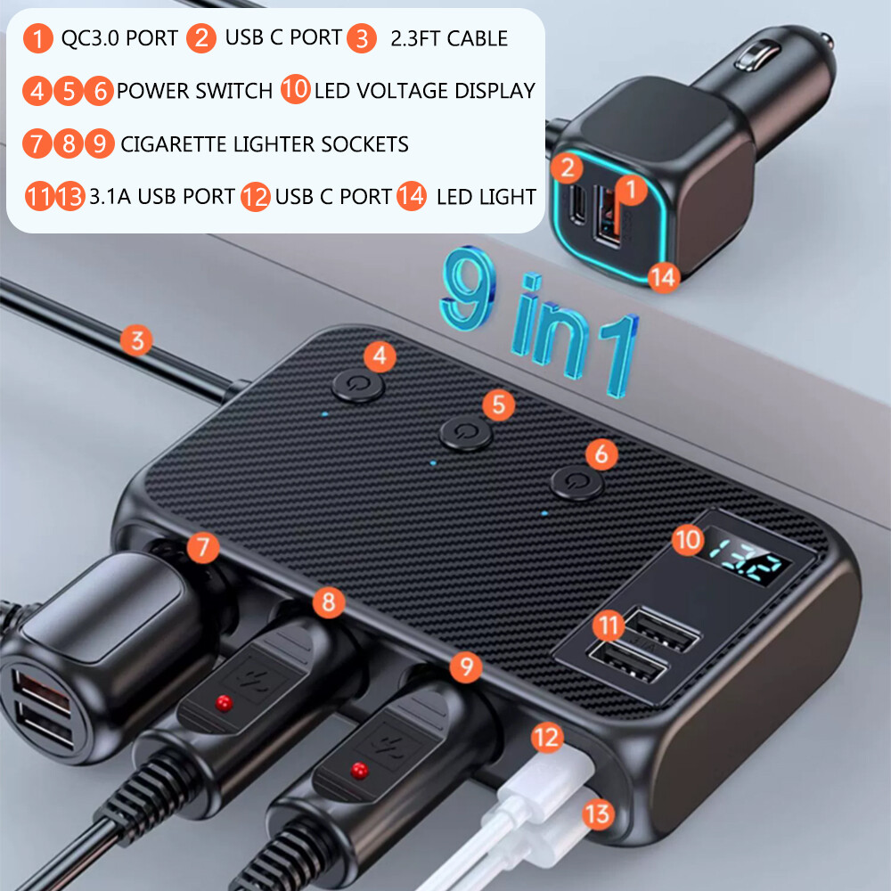Multi Car Cigarette Lighter Socket Expander Splitter USB C Power Adapter Charger