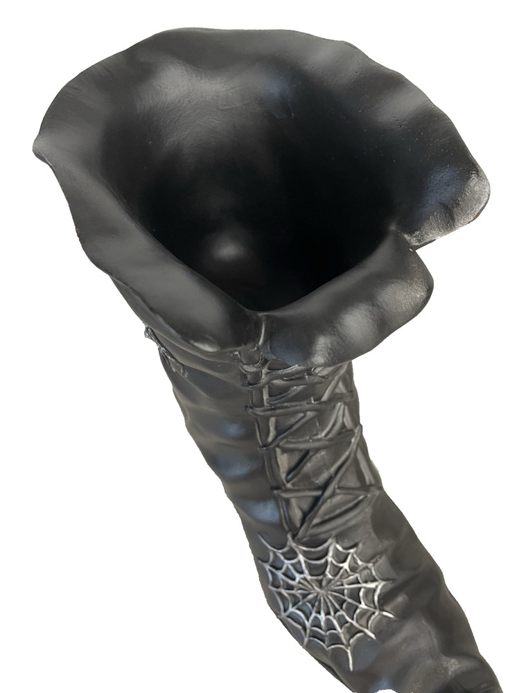 Halloween Black Witch's Boot Tabletop Prop Bowl Spider & Web Curled Toe