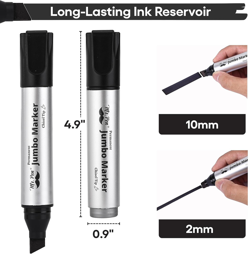 - Jumbo Permanent Markers, 4 Pack, Black, Chisel Tip, Wide Tip, Large, Thick Per