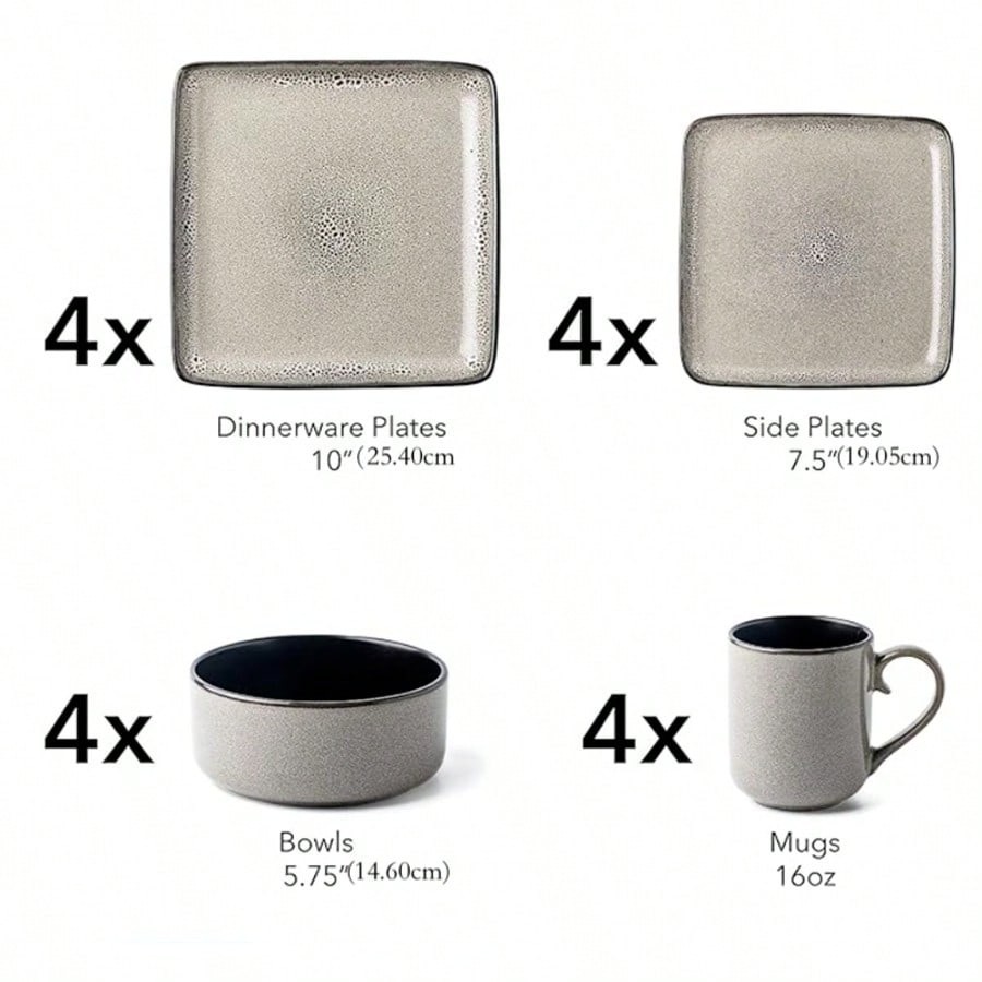16pc Square Stoneware Dinnerware Set Grey Reactive Glaze Plates Bowls Mugs NEW