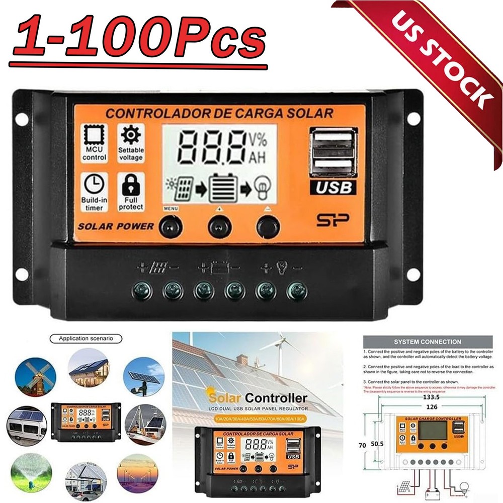 30-100A Solar Panel Regulator Charge Controller 12V/24V Auto Focus Tracking