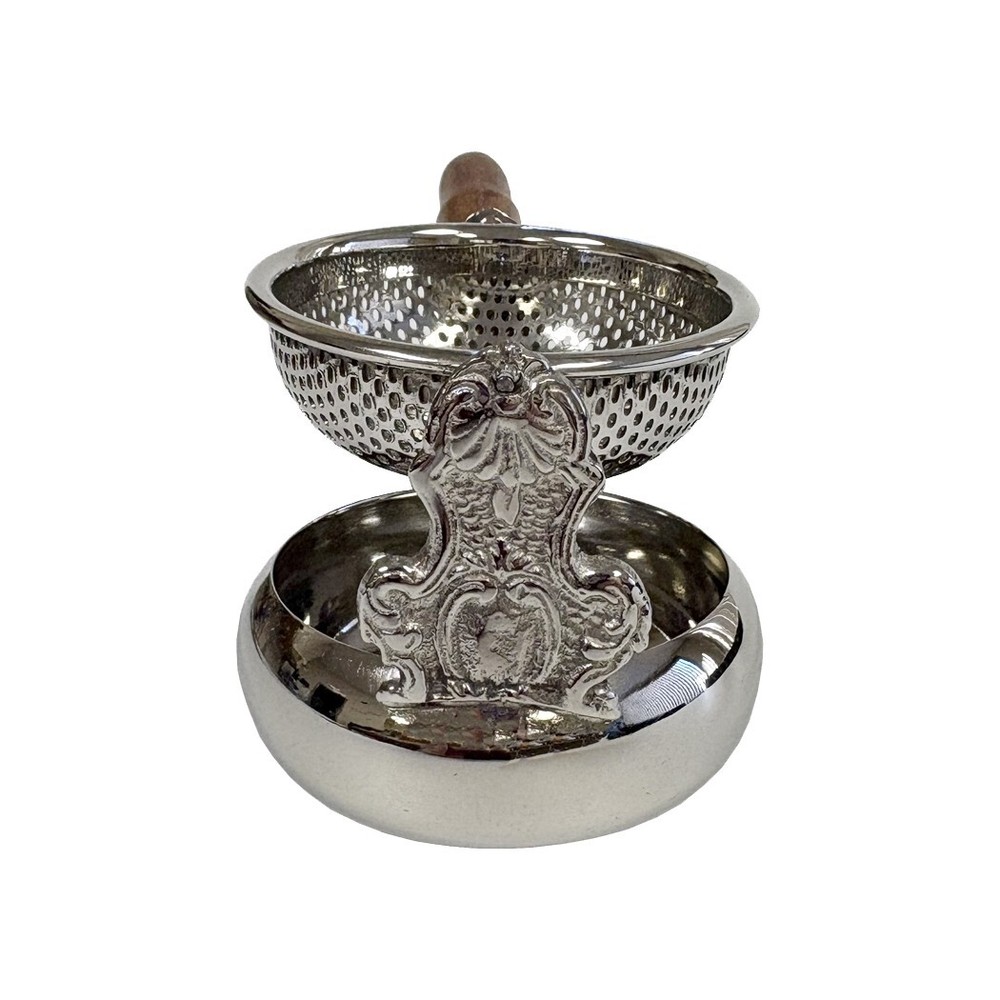 6" Stainless Steel Tea Strainer and Drip Cup with Wood Handle