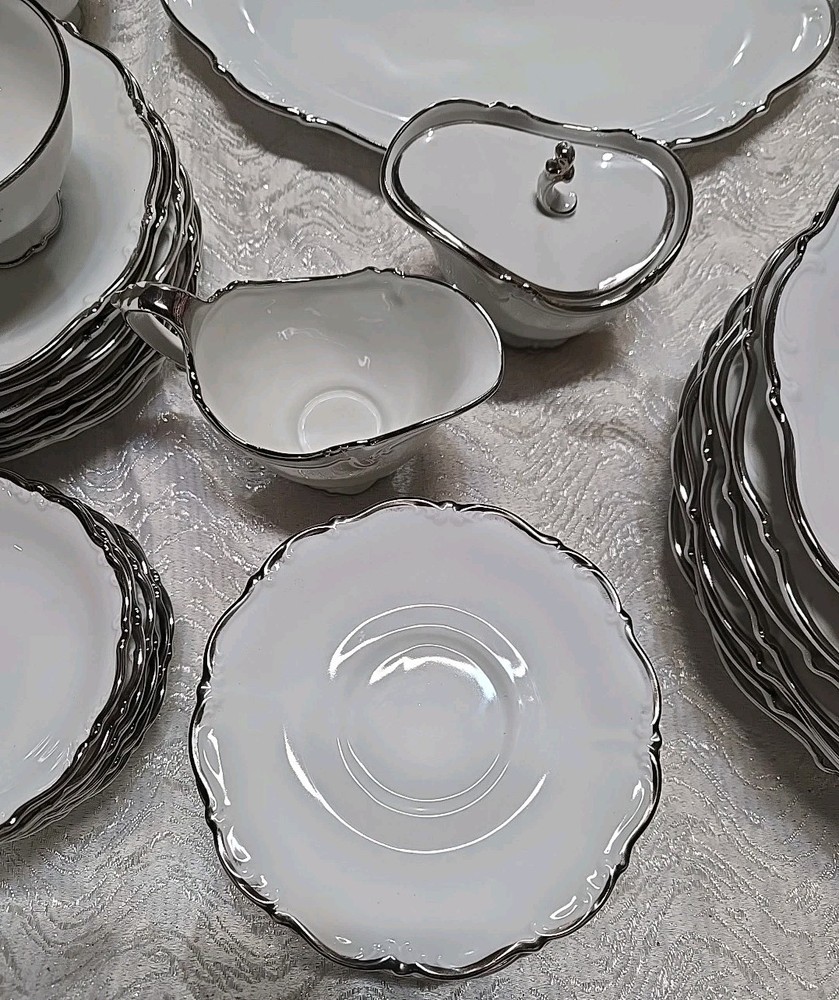 53 Pc Bavaria Tirschenreuth Silver Scroll Scalloped Dinnerware Set Pasco White