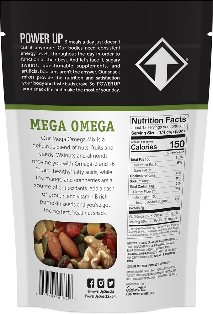 14 oz Power Up Mega Omega Trail Mix - Nutritious Snack, Energizing Blend