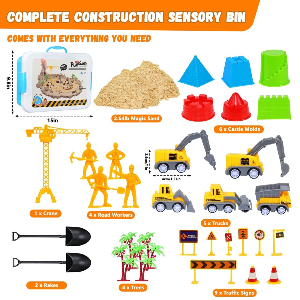 Construction Sensory Bin with Lid, 2.64lbs Magic Sand, Construction Trucks, T...