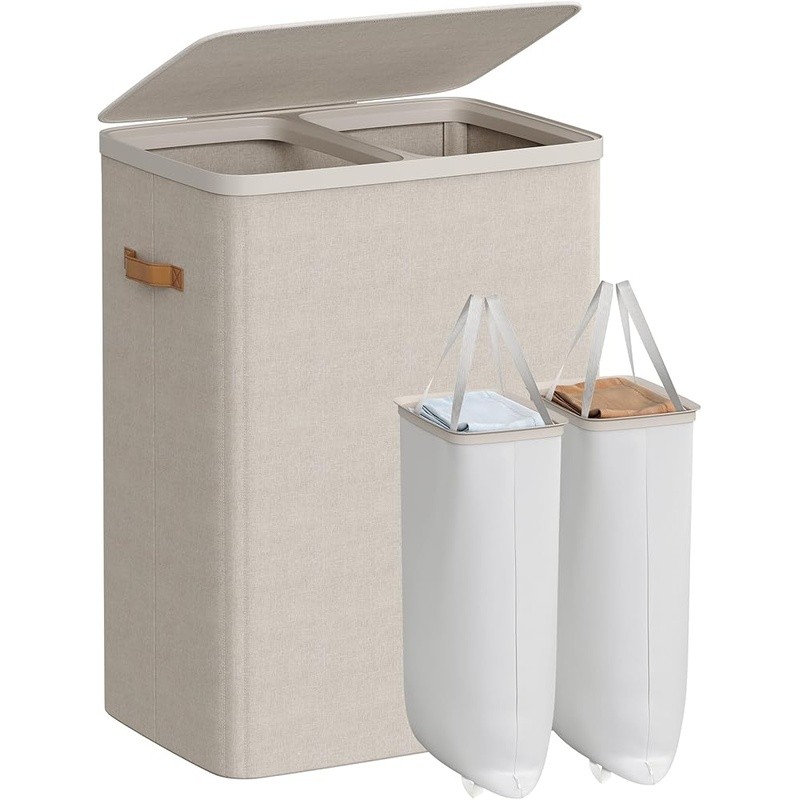 Laundry Basket W/ 2 Compartments Easy Assembly Hamper W/ Lid & Handles New