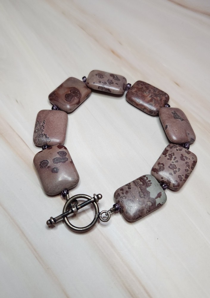 Natural Brown Jasper Crinoid Rectangular Stone Beaded Bracelet