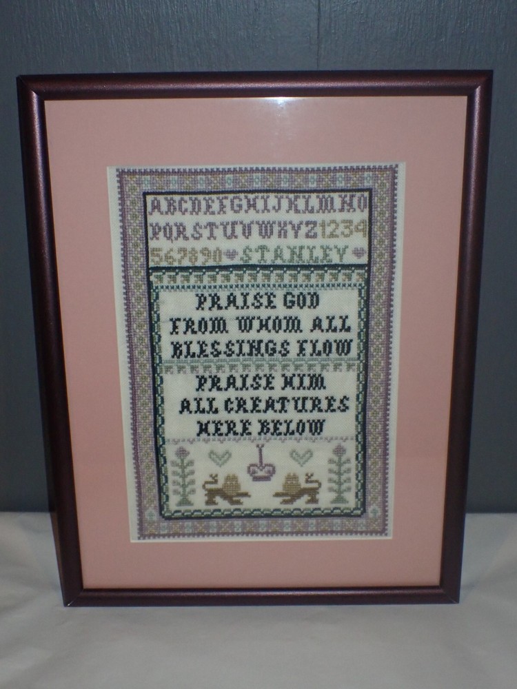 Completed Cross Stitch Sampler with Blessing Alphabet Framed Matted 11 1/2" x 14