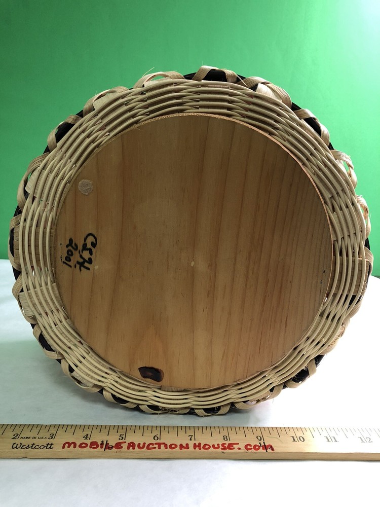 Set 3 Round Handled Woven Baskets Wood Nesting Large Medium Small Signed 2001