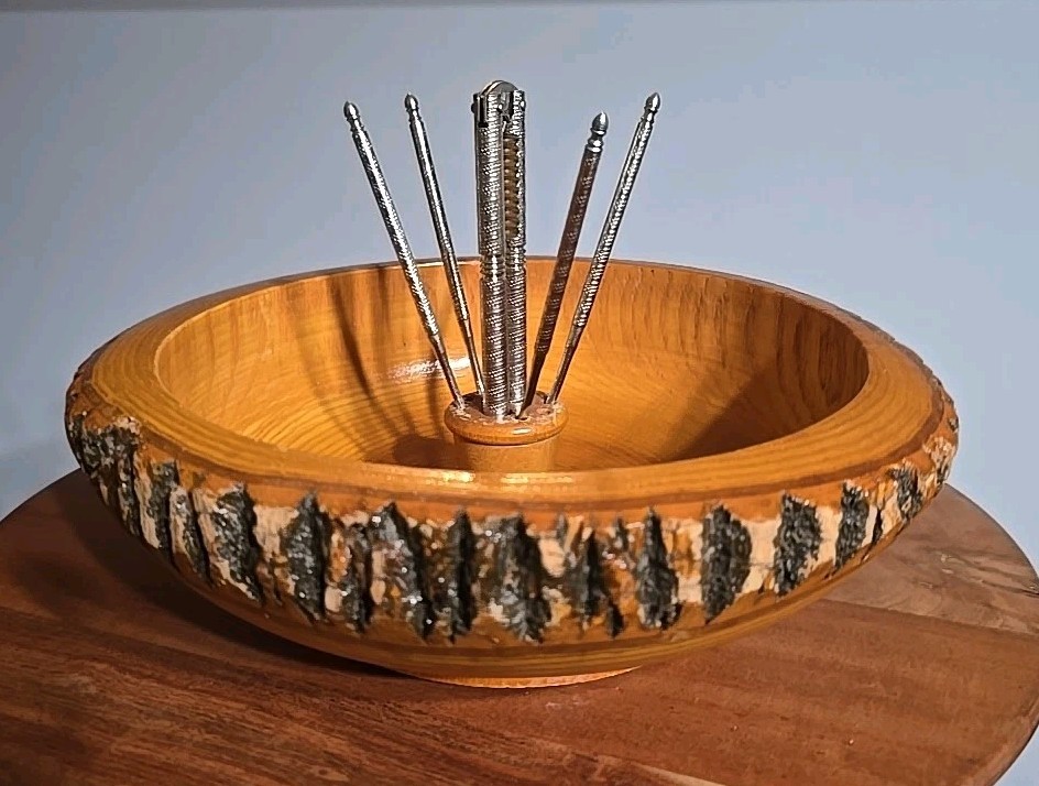 Vintage Nut Cracker & Picks Set Tree Bark Wood Bowl