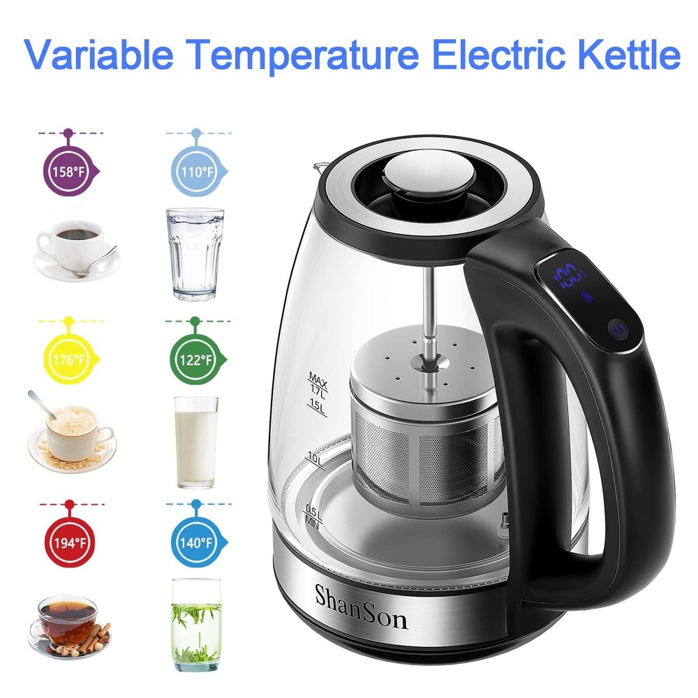 Electric Kettle with Tea Infuser 1.7L Temperature Control Glass 1500W Fast
