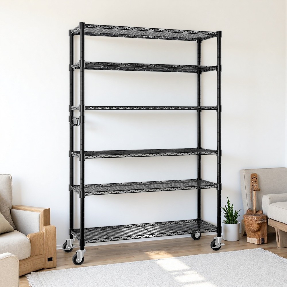 6-Tier Rolling Wire Shelving Unit - Heavy Duty, Adjustable, Hooks & Black