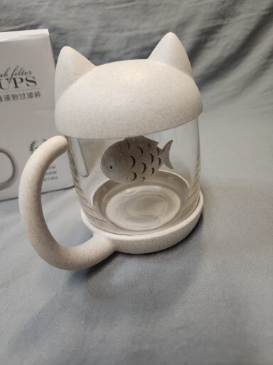 Kitty Cat Tea Cup Mug & diffuser infuser strainer, Glass body fish cute NEW