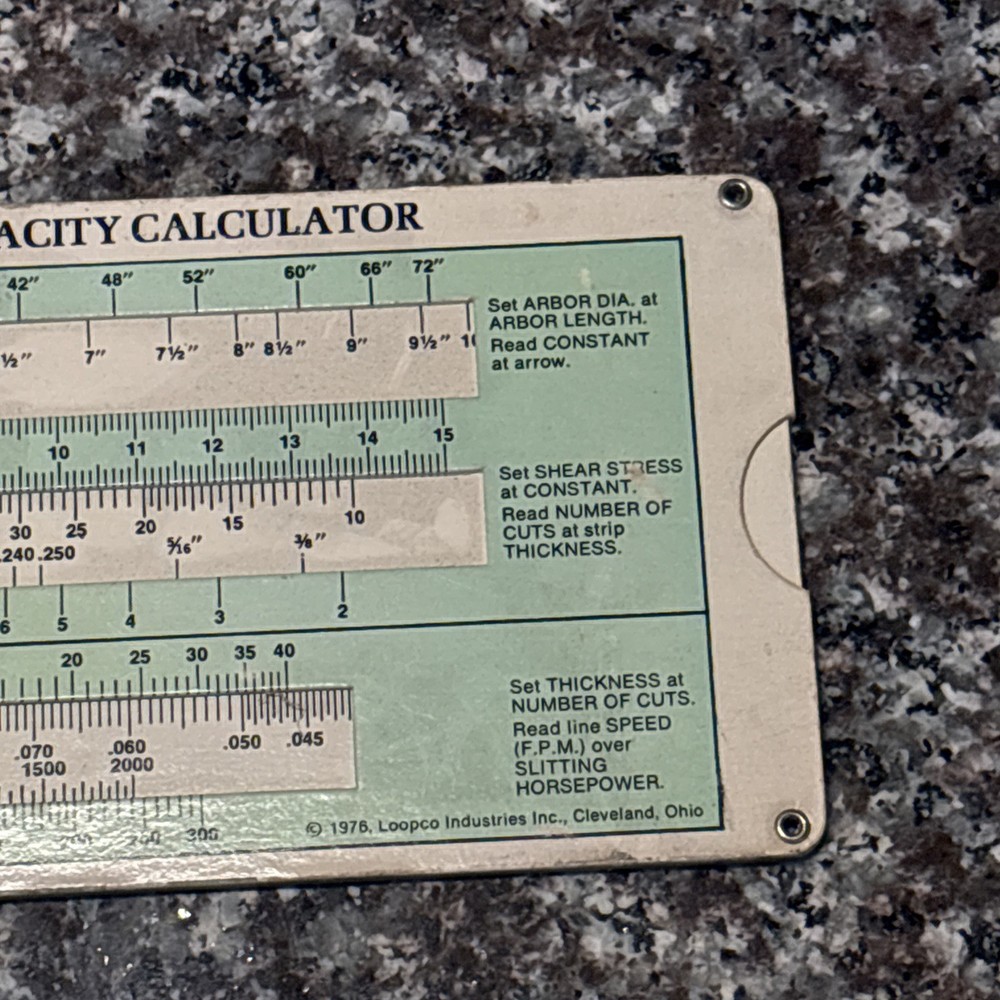 Coil Slitter Cutting Capacity Calculator 1975 Slide Rule Chart LoopCo