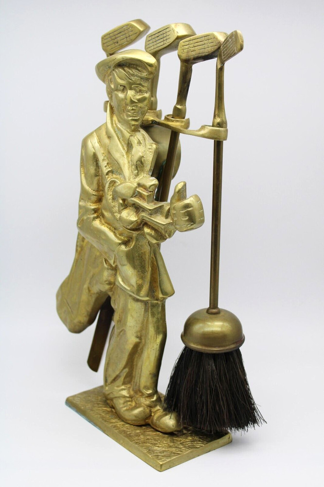 Solid Brass Golfer Fireplace Tools Set & Stand - 14" Tall - Clubs/Bag Golf