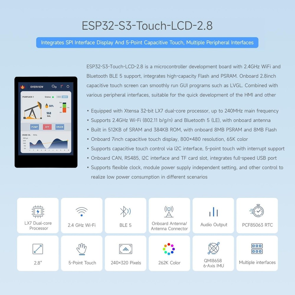 Development Board with Capacitive Touch Display, Dual-Core