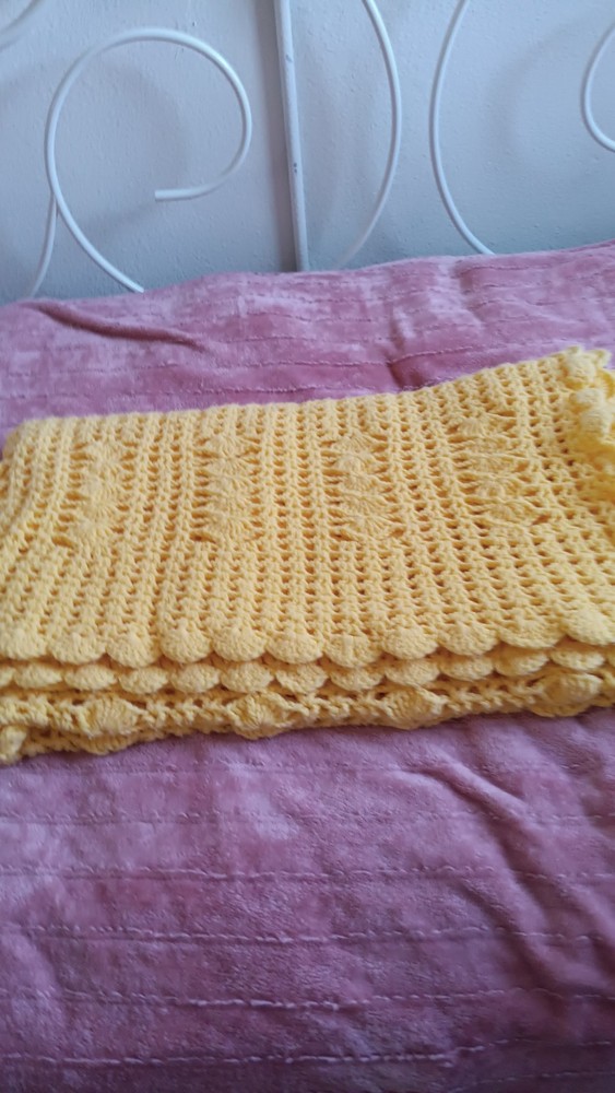 Handmade Crocheted Yellow Afghan Scalloped Edge