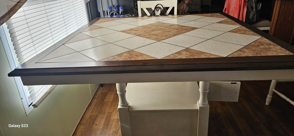 White Square Dining Table Tile Top, Storage Shelf, 4 Chairs Fabric Upholstery