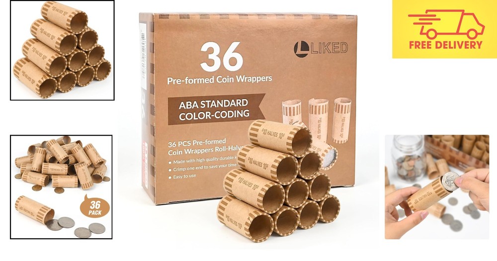 Durable 36 PCS Brown Coin Wrapper Rolls - Safe and Efficient Half Dollar Storage