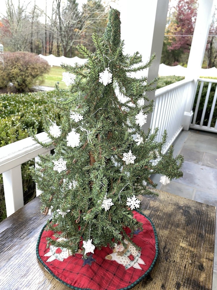 Primitive Rustic Artificial Christmas Tree Table Top with Ornaments & Tree Skirt