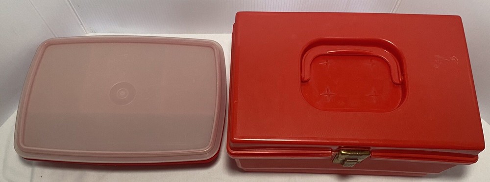 2pc Tupperware 767-14 Tuppercraft Plastic Red Sewing Box Kit Set T2