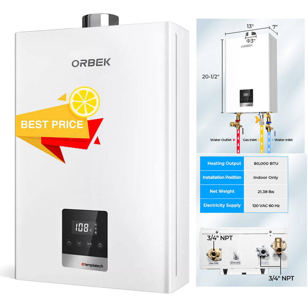 ORBEK 80,000 BTU Natural Gas Tankless Water Heater Residential Indoor White 12V