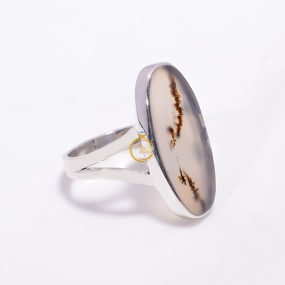 Scenic Dendritic Agate Ring 925 Sterling Silver Statement Boho Ring Gift for Her