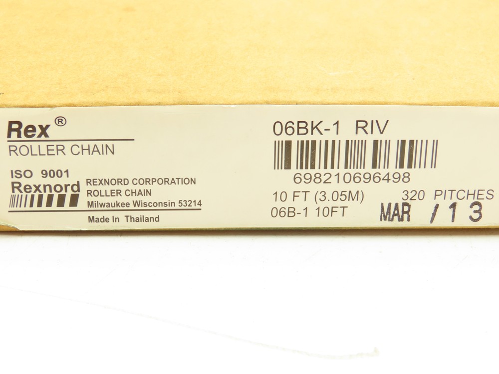 Rexnord 06BK-1 RIV #06B Roller Chain 320 Pitch 10'