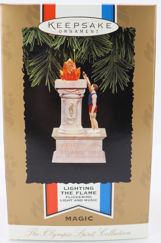 2 Hallmark Keepsake Lighted Flame Flickering Light and Music 1996 Olympic New