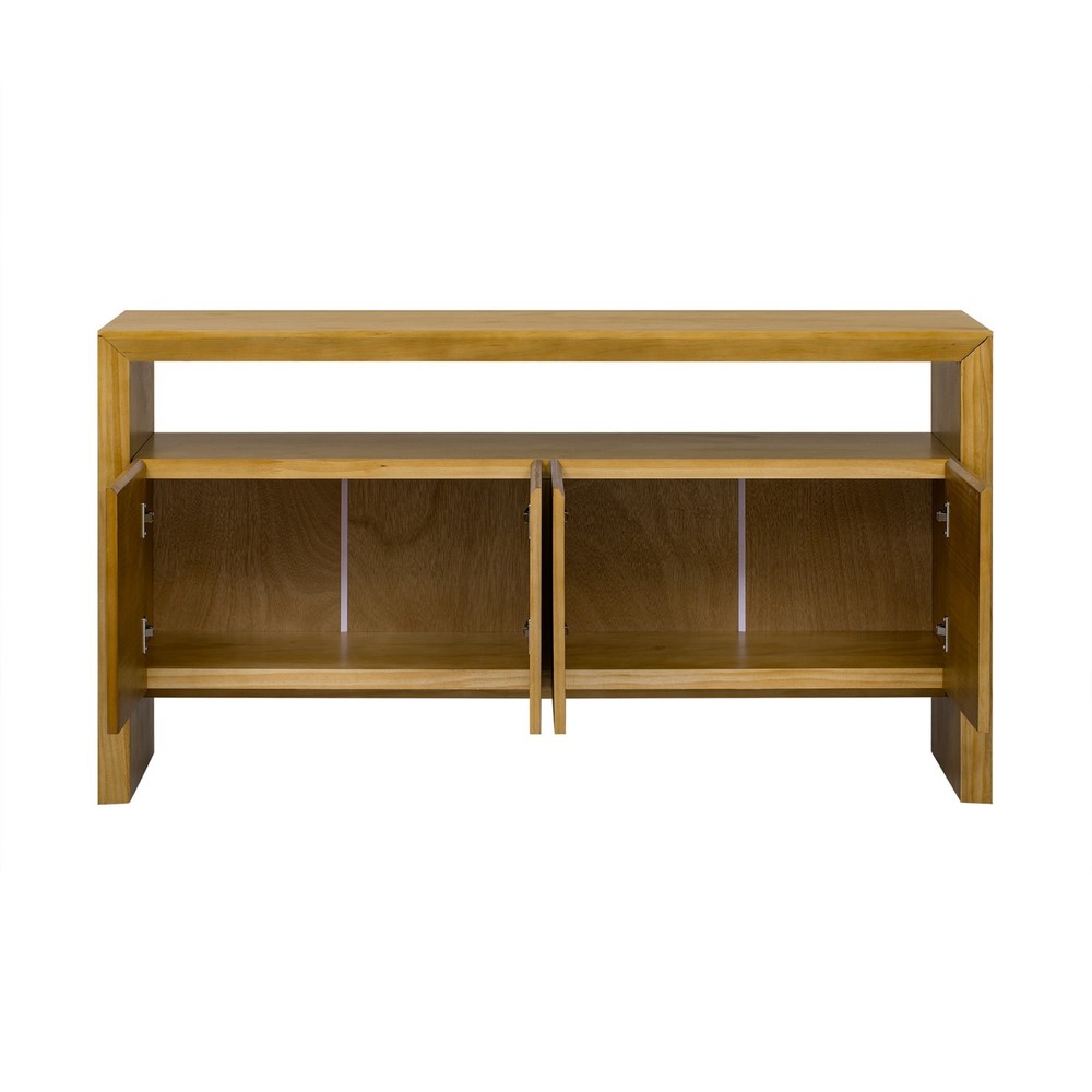 60" Modern Minimalist Solid Wood Veneer Sideboard (4 Doors+Open Shelf, Natural