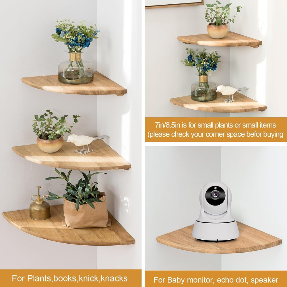 Corner Shelf, 7Inch Solid Oak Wood Floating Corner Shelf Wall Mount round End Fl