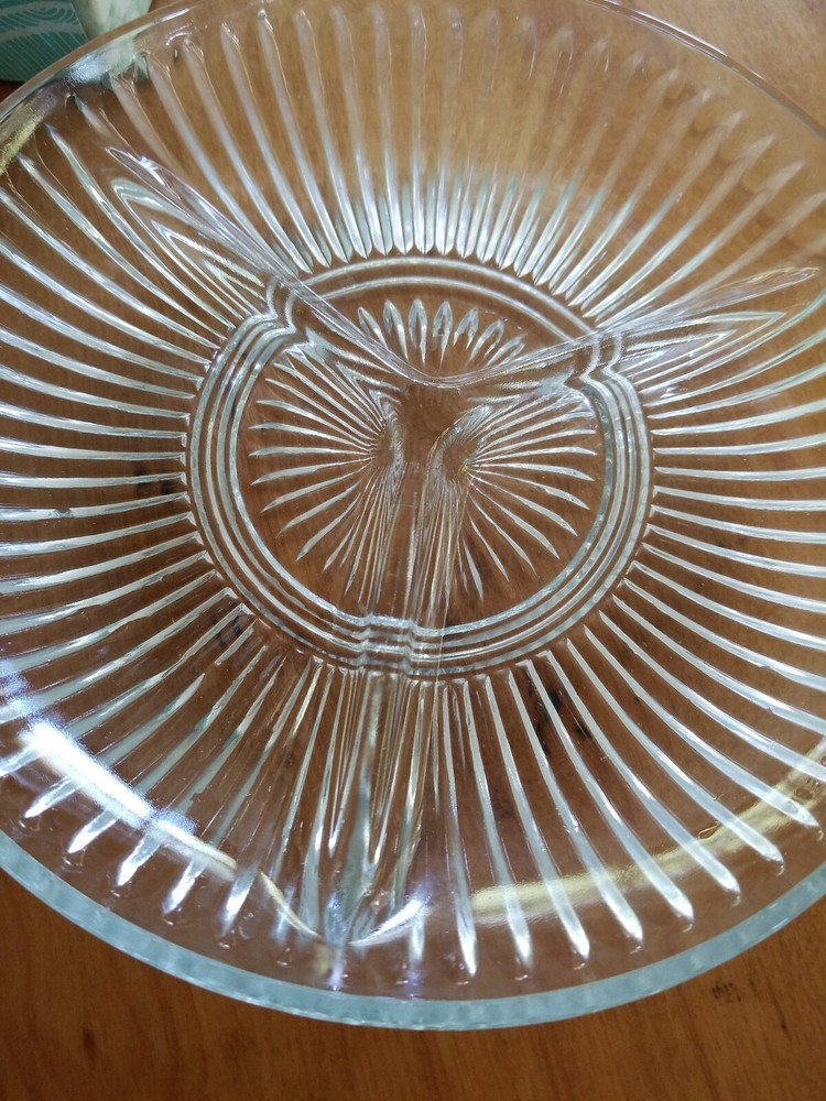 TWO KIG Indonesia Clear Glass Three Compartment Ribbed Nut Candy Dish
