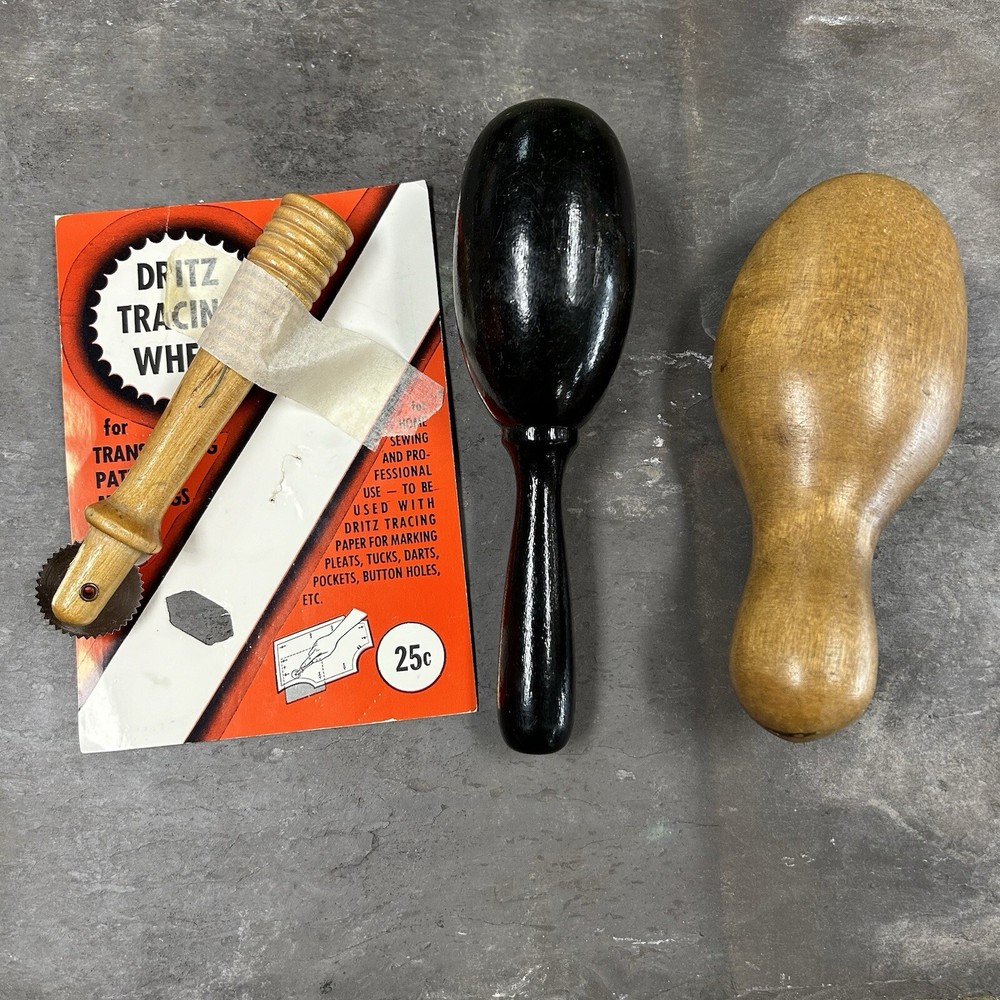 3 Vintage Wooden Sewing Tools- Egg Shaped Sock Darning Tools & Tracing Wheel