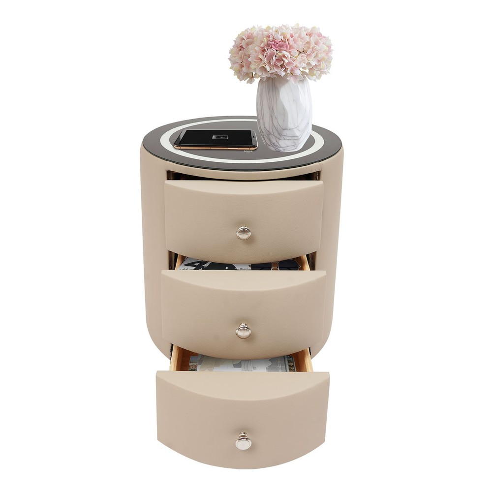 Nightstand with Wireless Charging , LED Nightstand with Leather Surface Round