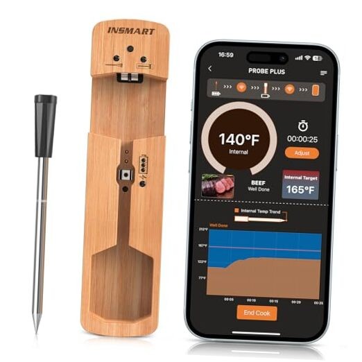 Wireless Smart Meat Thermometer,330FT Bluetooth Range,100% Wood