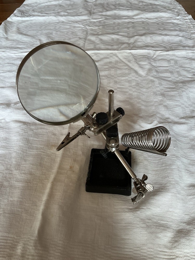 Vintage Adjustable Bench Tool Magnifier Clips Cast Iron Base