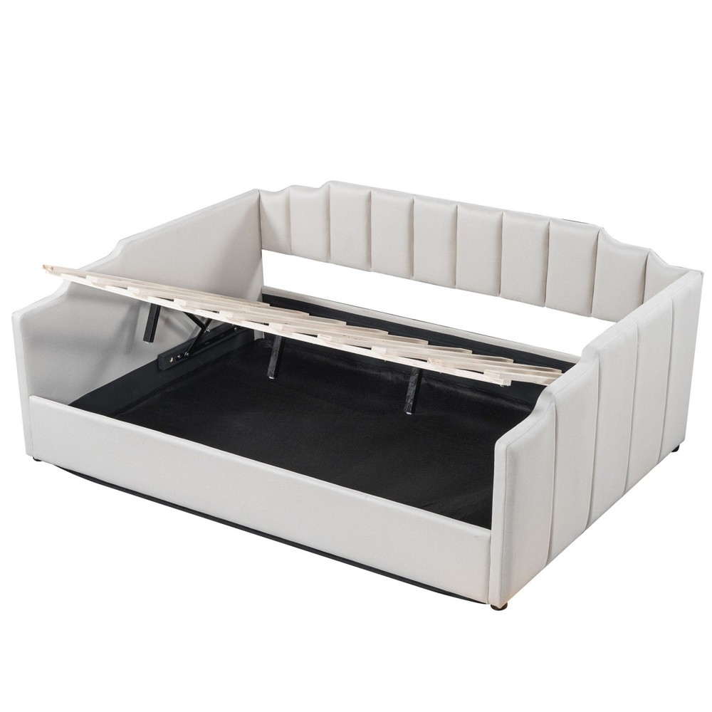 Full Size Daybed Upholstered Bed Frame Sofa Bed w/ Underneath Storage Beige/Gray