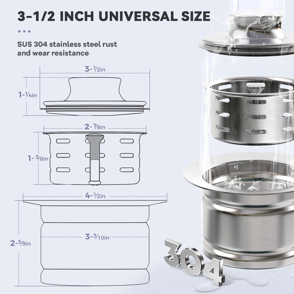 Extended Garbage Disposal Flange with Strainer and Stopper, Deep 304 Stainles...