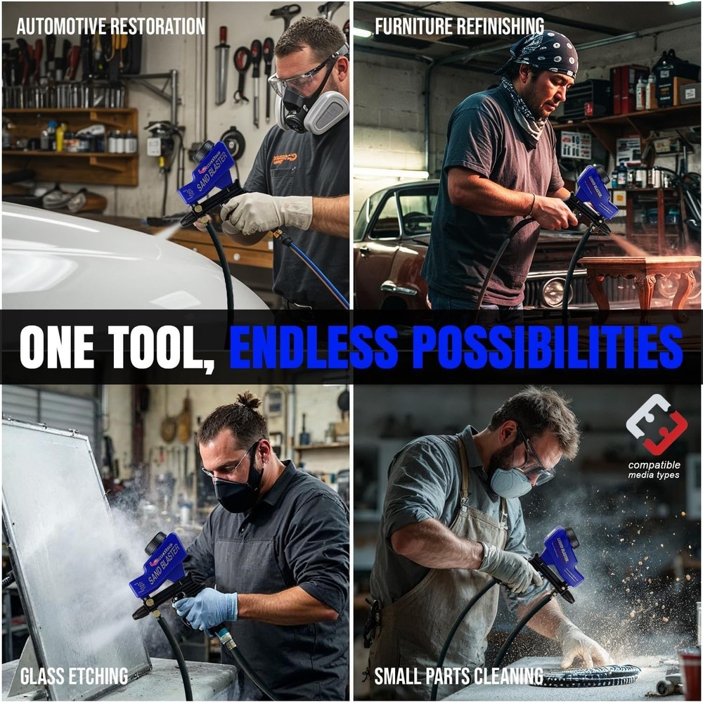 Complete Portable Sand Blaster Set - 4+ CFM, Siphon Function & Versatility