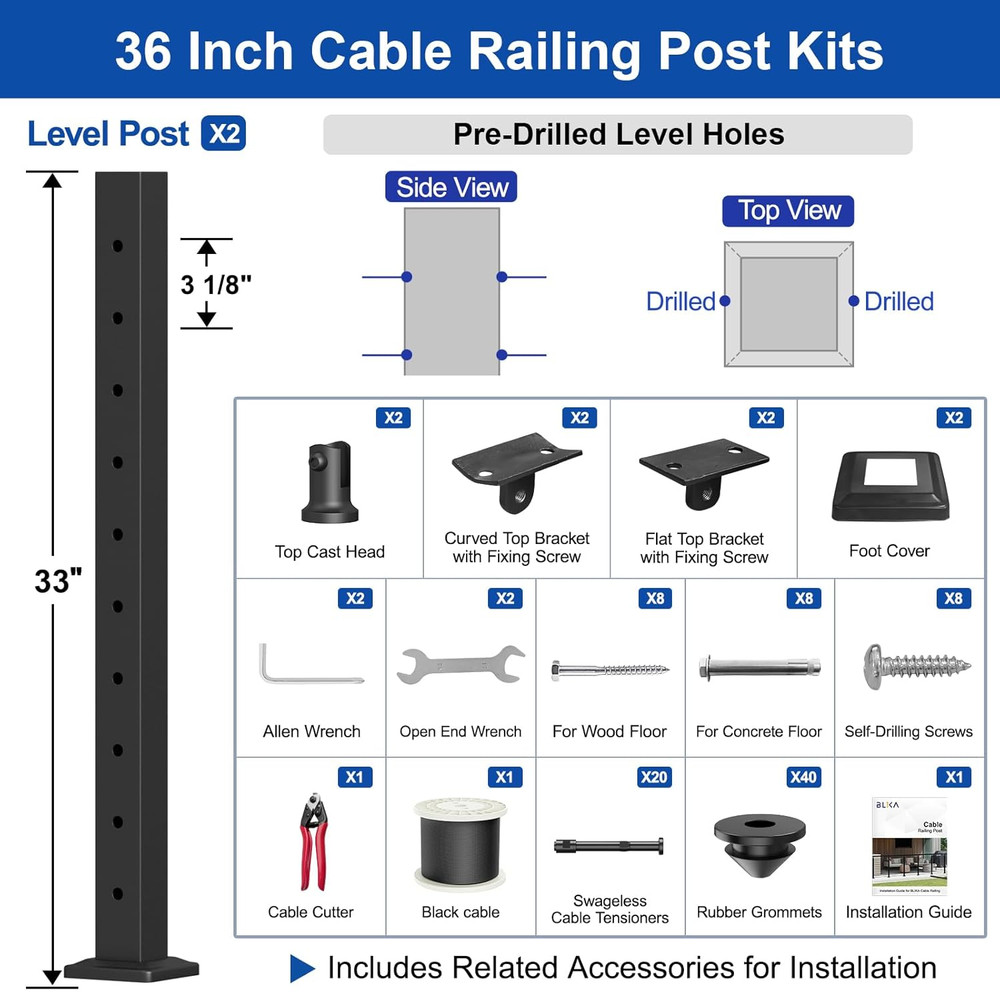 36" Black Cable Railing Post Kit - Adjustable Surface Mount, 2 Level Posts