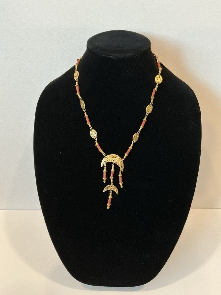 Boho Style Necklace with Gold Tone Disks & Rust Beads Dangling Charm